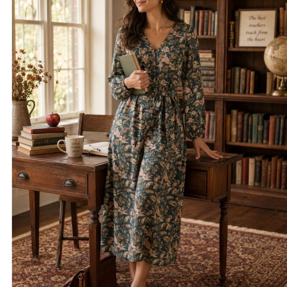 Romantic Botanical Floral Midi Dress L Teacher Cottagecore Belted Long Sleeve